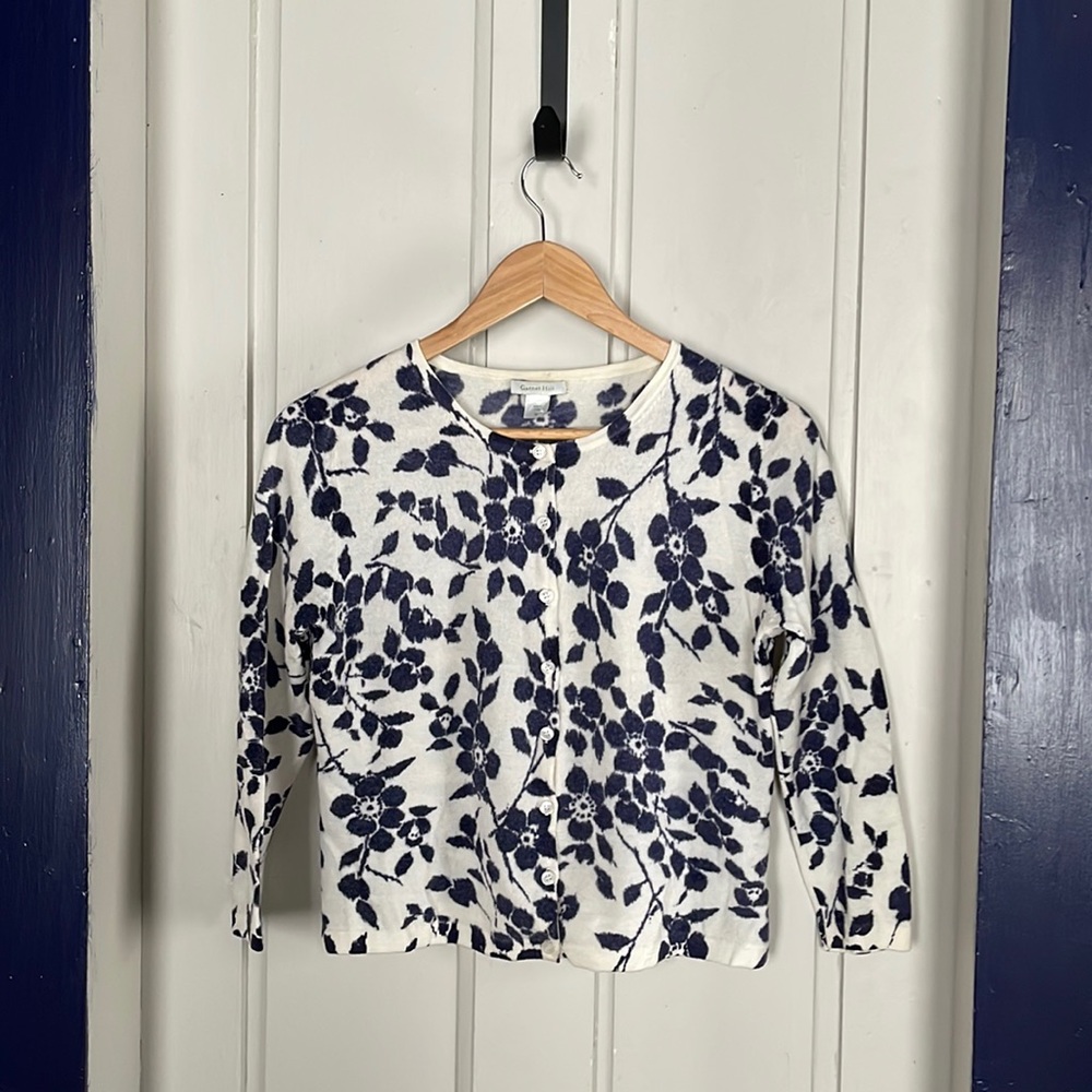 Garnet Hill Indigo Floral Merino Cardigan